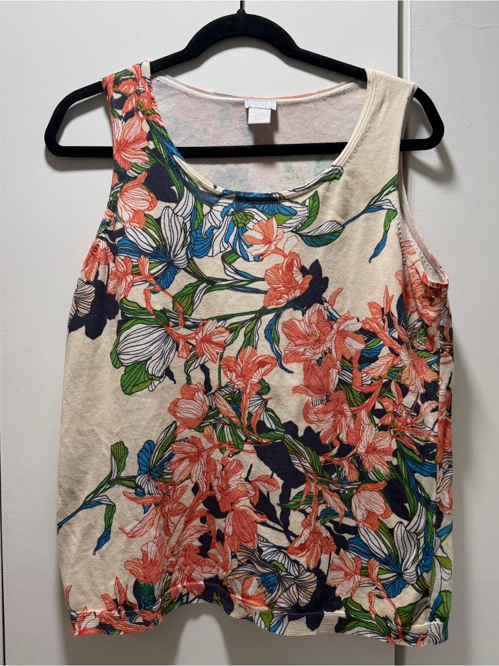 Chico's Cream Tank Top with Coral, Blue & Green Floral Print